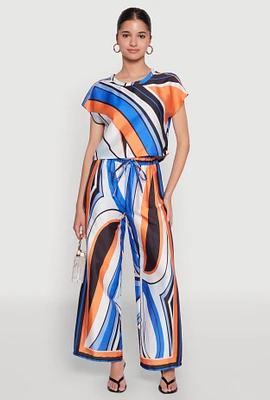 Womens Printed Wide Leg Satin Pants, Multi,