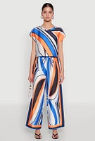 Womens Printed Wide Leg Satin Pants, Multi, Size XL