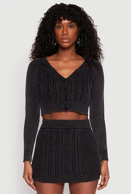Womens Cable Knit Button Front Cropped Cardigan, L