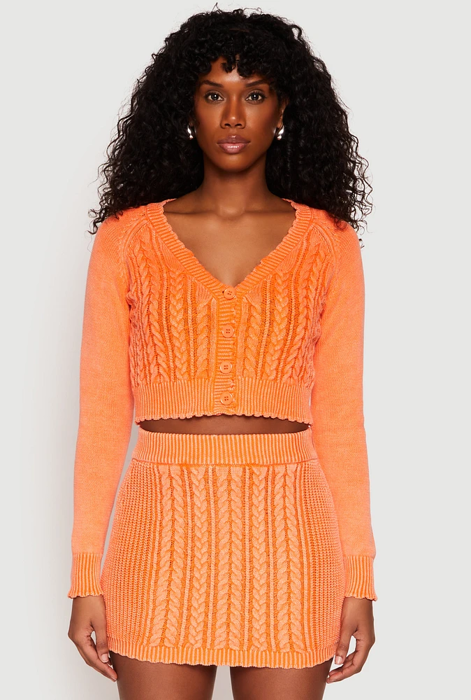 Womens Cable Knit Button Front Cropped Cardigan, Orange,