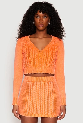 Womens Cable Knit Button Front Cropped Cardigan, Orange,
