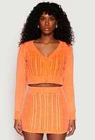 Womens Cable Knit Button Front Cropped Cardigan, Orange,