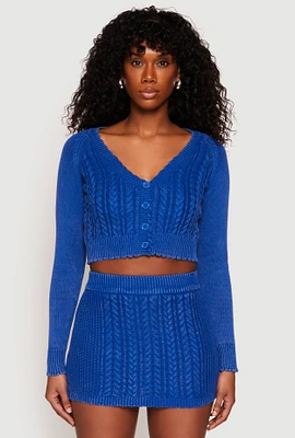 Womens Cable Knit Button Front Cropped Cardigan, Blue,