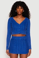 Womens Cable Knit Button Front Cropped Cardigan, Blue,
