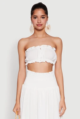 Womens Airy Ruffled Button Front Tube Top, White, Size S