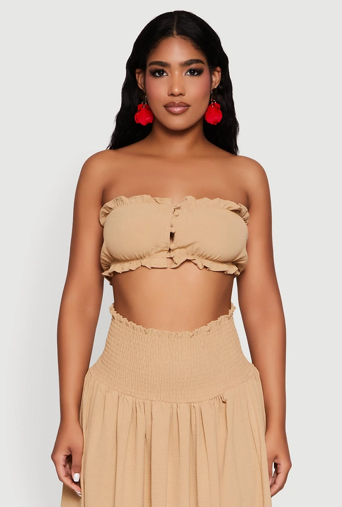 Womens Airy Ruffled Button Front Tube Top, Beige, Size S