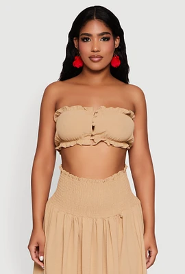 Womens Airy Ruffled Button Front Tube Top, Beige, Size S