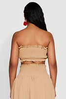 Womens Airy Ruffled Button Front Tube Top, Beige, Size S