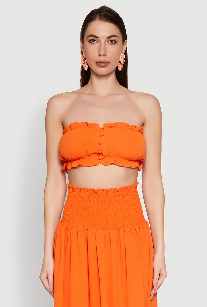 Womens Airy Ruffled Button Front Tube Top, Orange, Size L