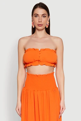 Womens Airy Ruffled Button Front Tube Top, Orange, Size L