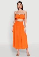 Womens Airy Ruffled Button Front Tube Top, Orange, Size L