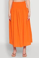 Womens Airy Smocked High Waist Skirt, Orange, Size S