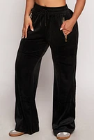 Womens Velour Zip Pocket Wide Leg Pants,