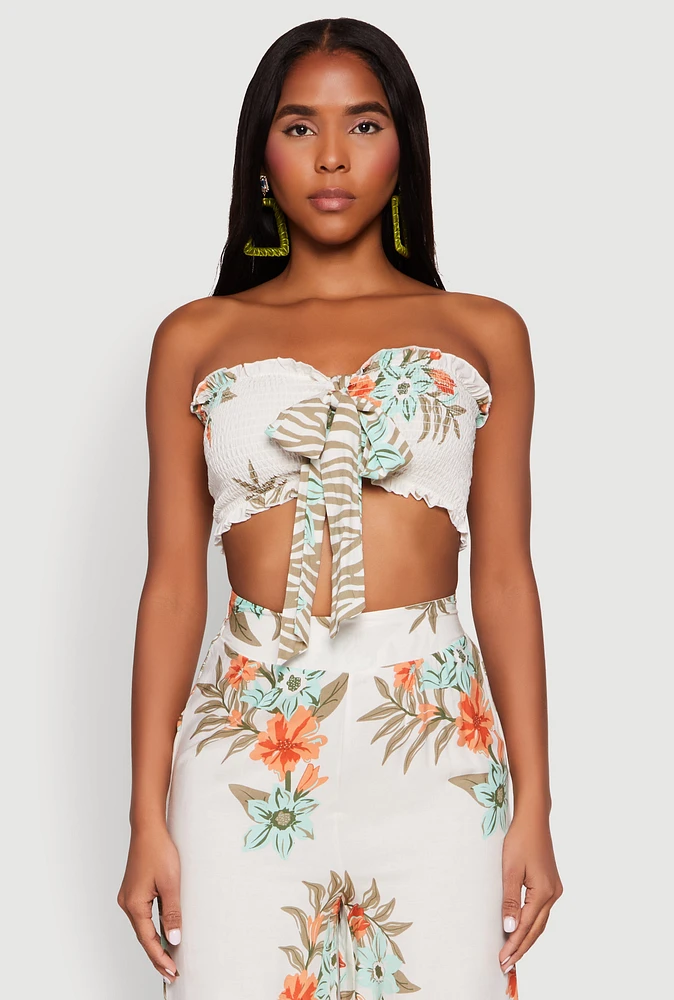 Womens Floral Smocked Tie Front Tube Top, Multi, Size S