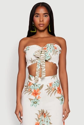 Womens Floral Smocked Tie Front Tube Top, Multi, Size S