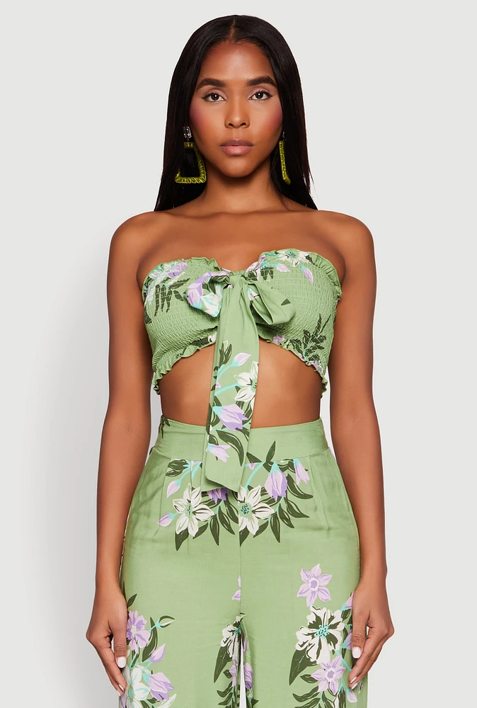 Womens Floral Smocked Tie Front Tube Top,