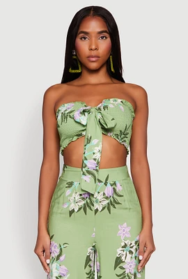 Womens Floral Smocked Tie Front Tube Top,