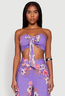 Womens Floral Smocked Tie Front Tube Top, Purple,