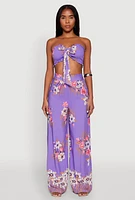 Womens Floral Smocked Tie Front Tube Top, Purple,