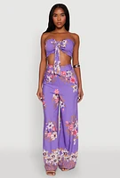 Womens Floral Smocked Tie Front Tube Top, Purple,