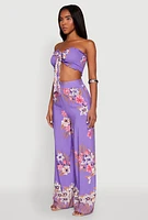 Womens Floral Smocked Tie Front Tube Top, Purple,