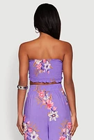 Womens Floral Smocked Tie Front Tube Top, Purple,