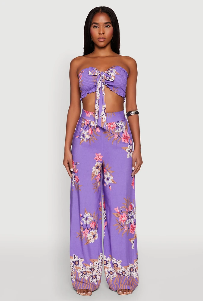 Womens High Waist Floral Palazzo Pants, Purple, Size L