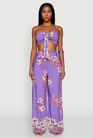 Womens High Waist Floral Palazzo Pants, Purple, Size L