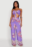 Womens High Waist Floral Palazzo Pants, Purple, Size L