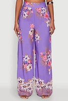 Womens High Waist Floral Palazzo Pants, Purple, Size L