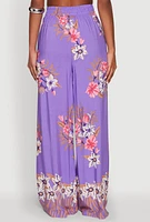 Womens High Waist Floral Palazzo Pants, Purple, Size L