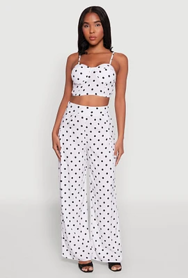 Womens High Waisted Polka Dot Palazzo Pants, White, Size L