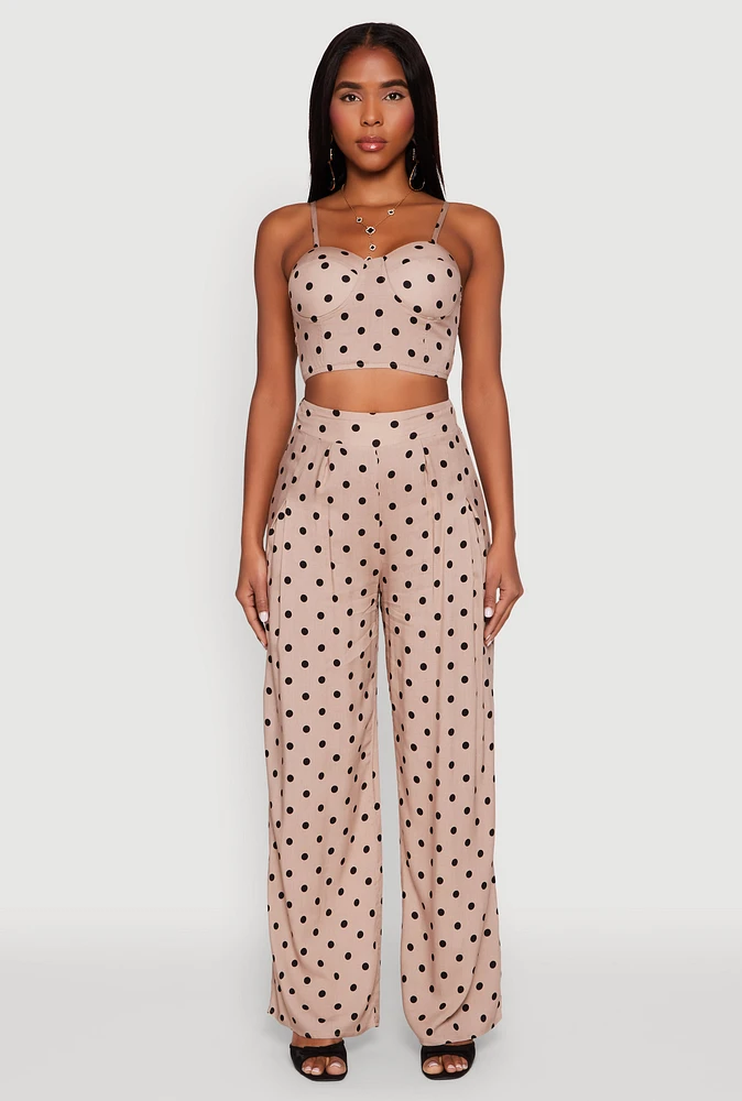 Womens High Waisted Polka Dot Palazzo Pants, Khaki, Size L