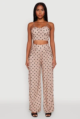 Womens High Waisted Polka Dot Palazzo Pants, Khaki, Size L