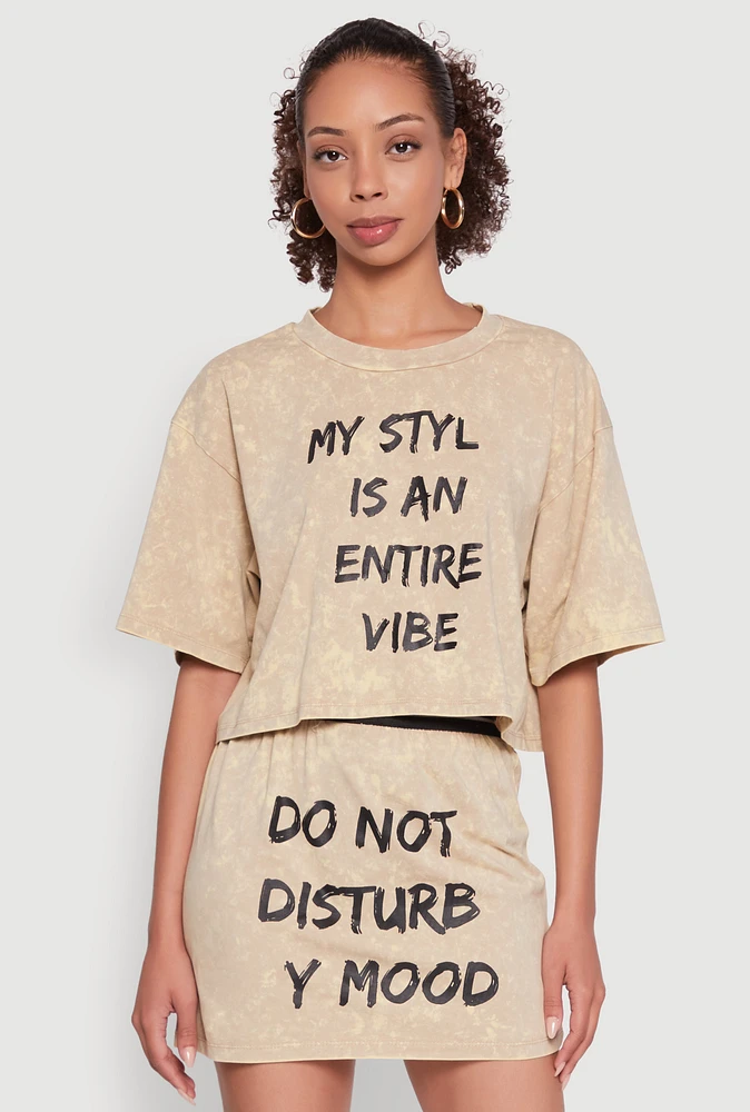 Womens Trendy Mineral Wash Entire Vibe Graphic Oversized Tee, Beige,