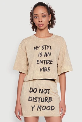 Womens Trendy Mineral Wash Entire Vibe Graphic Oversized Tee, Beige,