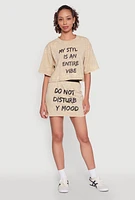 Womens Trendy Mineral Wash Entire Vibe Graphic Oversized Tee, Beige,