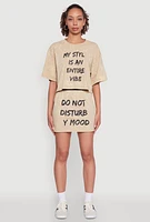 Womens Trendy Mineral Wash Entire Vibe Graphic Oversized Tee, Beige,