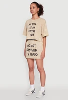 Womens Trendy Mineral Wash Entire Vibe Graphic Oversized Tee, Beige, Size L