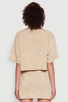 Womens Trendy Mineral Wash Entire Vibe Graphic Oversized Tee, Beige,