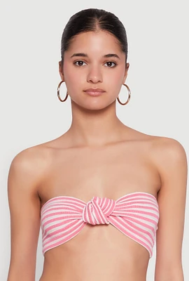 Womens Striped Knot Front Knit Bandeau Top, Pink, Size L