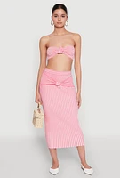 Womens Striped Knot Front Knit Bandeau Top, Pink, Size L
