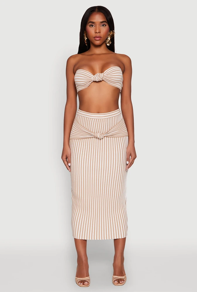 Womens Striped Knot Front Knit Pencil Skirt, Khaki, Size M