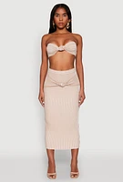 Womens Striped Knot Front Knit Pencil Skirt, Khaki, Size M
