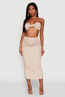Womens Striped Knot Front Knit Pencil Skirt, Khaki, Size M