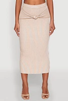 Womens Striped Knot Front Knit Pencil Skirt, Khaki, Size M