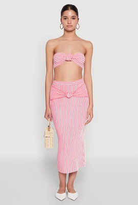 Womens Striped Knot Front Knit Pencil Skirt, Pink, Size M
