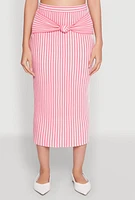 Womens Striped Knot Front Knit Pencil Skirt, Pink, Size M
