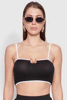 Womens Metallic Notch Neck Contrast Trim Crop Top,