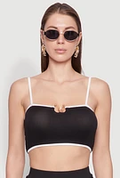 Womens Metallic Notch Neck Contrast Trim Crop Top,